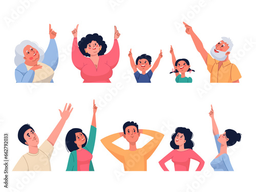 Cartoon people looking up. Funny characters gesturing, pointing with finger, persons watching in sky, kids showing with hands, happy and surprised flat style persons portrait, vector set