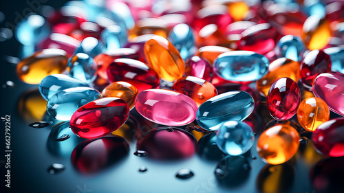 Close up of colorful pills on dark reflective surface. Focus on foreground. Generative AI technology.