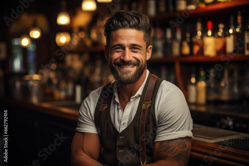 Portrait of a smiling bartender at a bar counter.