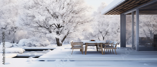 Winter, snowy patio of suburban penthouse. Luxury exterior design scene.Villa facade, backyard terrace, with couches and lounge chairs. Vacation, wellness, resort, hotel, penthouse.Generative ai © Inai