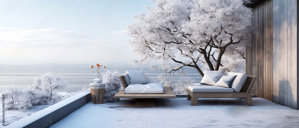 Winter, snowy patio of suburban penthouse. Luxury exterior design scene.Villa facade, backyard terrace, with couches and lounge chairs. Vacation, wellness, resort, hotel, penthouse.Generative ai - obrazy, fototapety, plakaty 