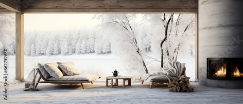 Winter, snowy patio of suburban penthouse. Luxury exterior design scene.Villa facade, backyard terrace, with couches and lounge chairs. Vacation, wellness, resort, hotel, penthouse.Generative ai