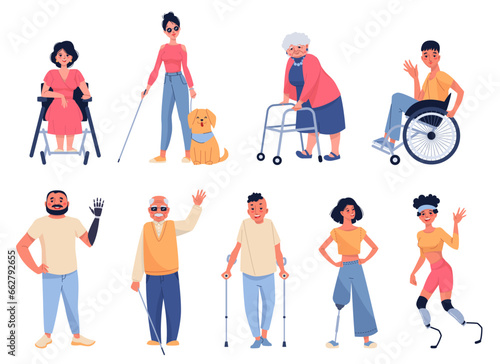 Disability characters. People with prosthesis and auxiliary elements, positive persons with special needs, blindness, limbs lack. Paralyzed man and woman on wheelchair cartoon flat vector set
