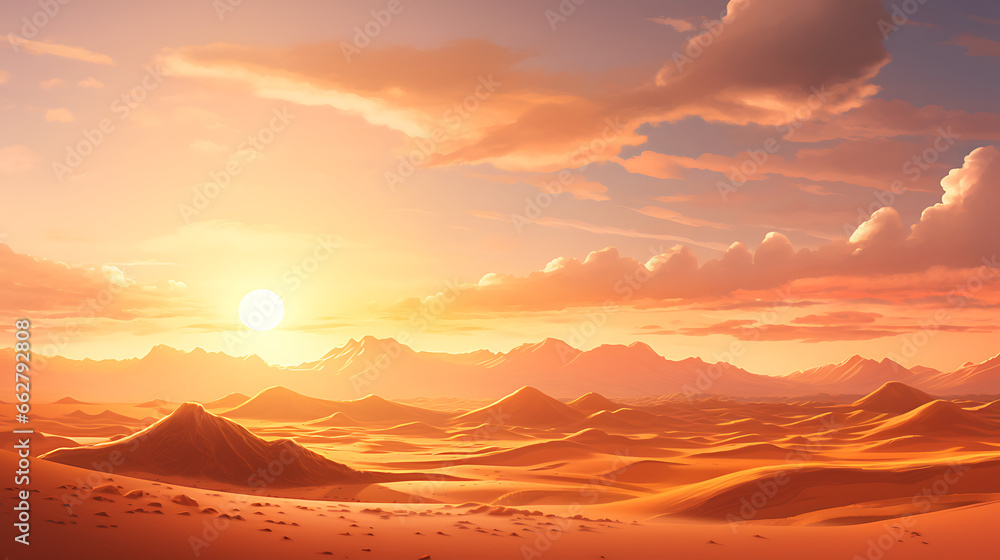 Produce a breathtaking visual of a desert landscape at sunset, with towering sand dunes and the fiery sun dipping below the horizon, illustrating the stark beauty and solitude of desert environments