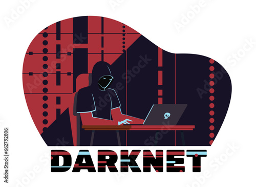 Hacker sits behind laptop, darknet user. Man searching hidden information in dark net, stealing personal data, banking crime. Cyber scammer. Cartoon flat style isolated vector concept