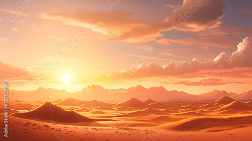 Produce a breathtaking visual of a desert landscape at sunset  with towering sand dunes and the fiery sun dipping below the horizon  illustrating the stark beauty and solitude of desert environments