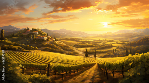 Create an image of a rolling vineyard with rows of grapevines under a golden sunset, capturing the picturesque beauty and agricultural tradition of wine-producing regions