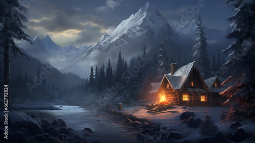 Craft a scene of a remote wilderness cabin nestled in a snow-covered forest, with smoke rising from the chimney and a pristine winter landscape, evoking the solitude and coziness of remote getaways photo