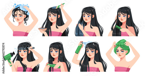 Hair care routine. Girl with long dark hair, washing, drying, combing and applying mask, volume shampoo, strength and brilliance. Home spa, cartoon flat style isolated tidy vector set