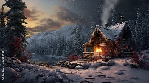 Craft a scene of a remote wilderness cabin nestled in a snow-covered forest, with smoke rising from the chimney and a pristine winter landscape, evoking the solitude and coziness of remote getaways