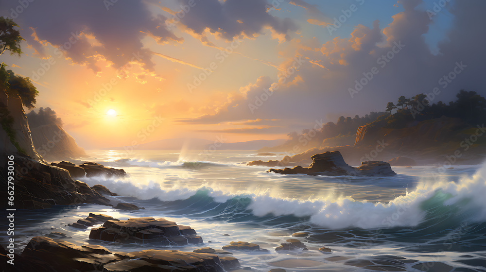 Obraz premium Capture a moment of a serene coastal cliff at dawn, with waves crashing against the rocks and a dramatic sky painted in pastel colors, epitomizing the raw power and sublime beauty of coastal landscape