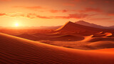 Produce a breathtaking visual of a desert landscape at sunset, with towering sand dunes and the fiery sun dipping below the horizon, illustrating the stark beauty and solitude of desert environments