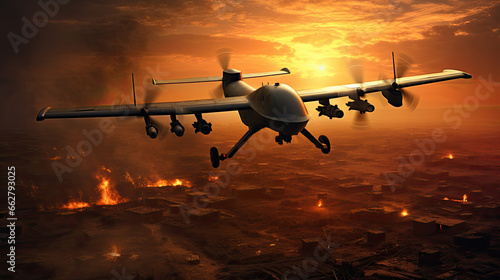  spy drone over war zone at sunset