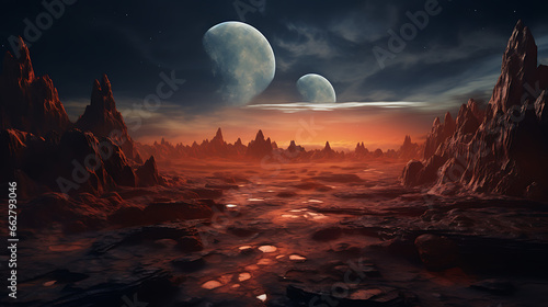 Produce an image of a surreal and otherworldly lunar landscape  with a barren expanse of craters and rock formations under an alien sky  evoking the intrigue and mystery of lunar exploration