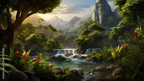 Craft a scene of a lush tropical rainforest, with vibrant foliage, exotic wildlife, and a cascading waterfall hidden among the dense greenery, showcasing the biodiversity and natural beauty of tropica