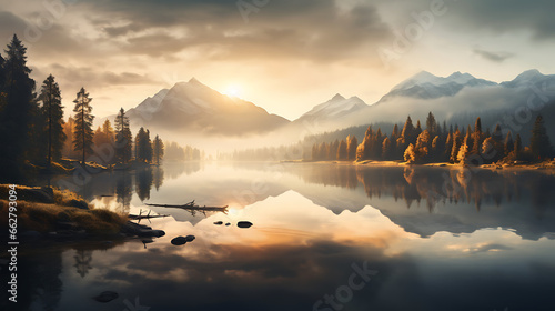 A serene mountain lake at sunrise, with mist rising from the water's surface and the surrounding peaks bathed in soft, golden light, capturing the tranquility and majesty of nature © Alin