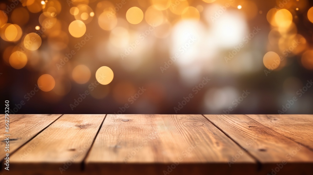 The empty wooden table top with blur background