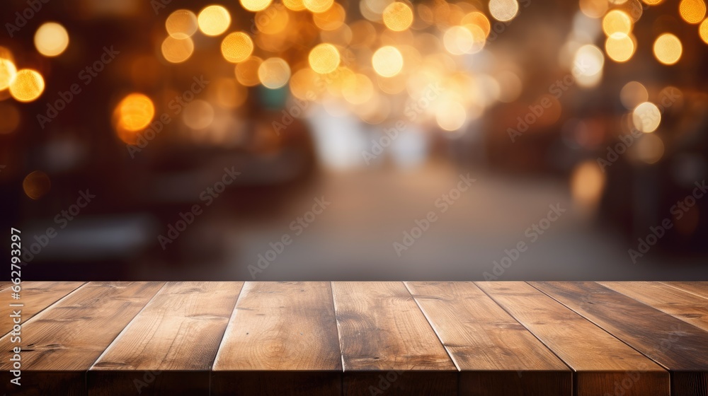 The empty wooden table top with blur background