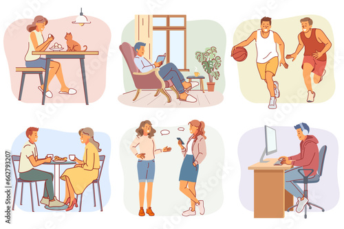 Introverted and extraverted people. Persons do favorite things, closeness, sociability, distancing, outward, inward orientation men and women, cartoon flat style isolated vector set