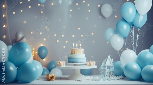 Birthday decorations on a wall background, including balloons, garland, and decorations for a small baby celebration. concept of a celebration baptism. infant text. Stylish Cake.