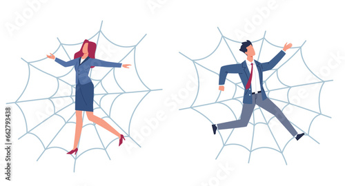 Man and woman tangled in web. Business people stuck in cobweb, Difficult hopeless situation. Crisis in life and at work. Panic male and female character. Cartoon flat isolated vector concept