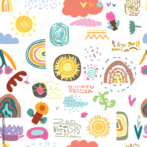 Seamless pattern with cartoon rainbows, clouds, flowers, sun,  spots, dots on white background. Kids pattern. Vector illustration.