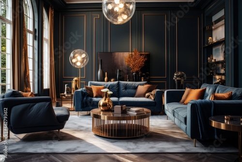 beautiful design classic modern classic living room in dark blue color scheme unique furniture design daylight house beautiful background © VERTEX SPACE