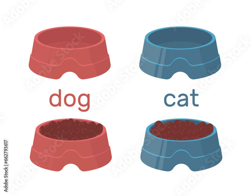 Personalized bowls with and without food for dog and cat. Containers with dry meal for pets, Canine or feline full feed and empty dish. Cartoon flat illustration. Vector vet accessory concept