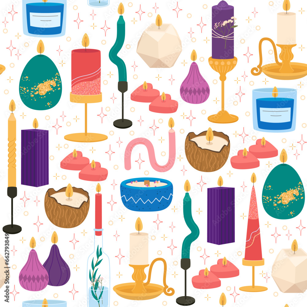 Seamless pattern with candles. Home decor, aromatic wax object, cozy interior. Modern textile, wrapping paper, wallpaper design. Print for fabric. Cartoon flat isolated vector concept Seamless pattern with candles. Home decor, aromatic wax object, cozy interior. Modern textile, wrapping paper, wallpaper design. Print for fabric. Cartoon flat isolated vector concept