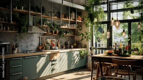 An urban jungle kitchen with botanical prints and hanging greenery