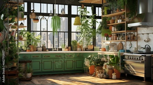 An urban jungle kitchen with botanical prints and hanging planters