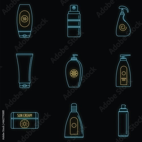 Sunscreen sun protection logo icons set. Outline illustration of 9 sunscreen sun protection logo vector icons neon color on black