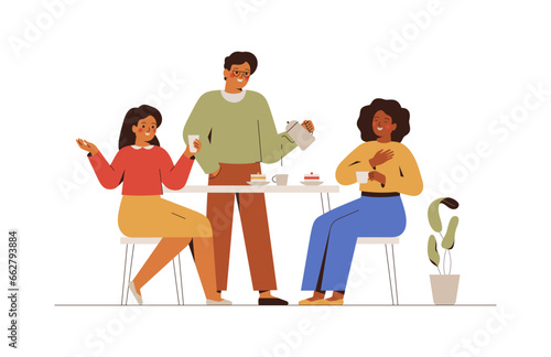 Colleagues discuss business or news at coffee break in office.Happy Man and women talking on the kitchen.Friends drink coffee and eating cake at home. Friendship and work communication concept. Vector