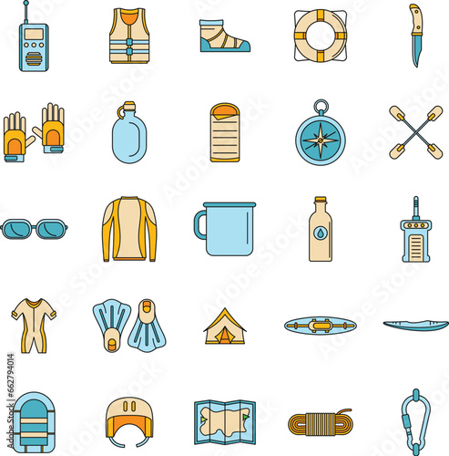 Rafting kayak water canoe icons set. Outline illustration of 25 rafting kayak water canoe vector icons thin line color flat on white