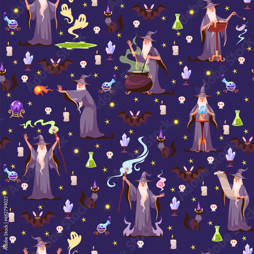 Seamless pattern with witches and magic. Wizard with potion or casts spells. Decor textile, wrapping paper, wallpaper design. Halloween print for fabric. Cartoon flat isolated vector concept
