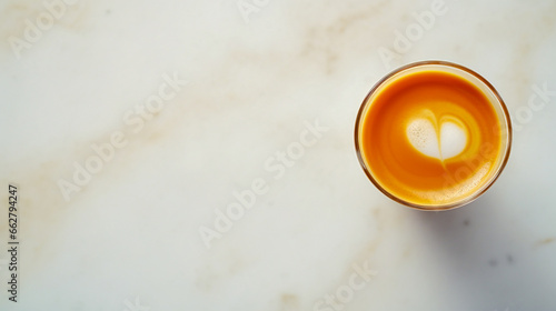 A minimalist setup of an espresso shot, highlighting the coffee's rich crema, placed on a sleek marble counter with copy space.