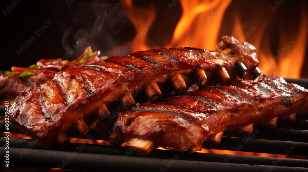 BBQ grill loaded with marinated ribs, with flames lightly licking the meat and smoke wafting upwards. BBQ grill loaded with marinated ribs, with flames lightly licking the meat and smoke wafting upwards.