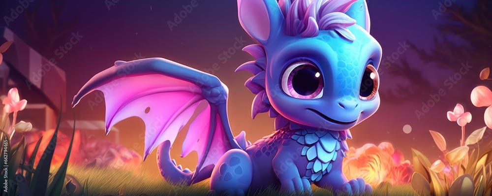 A beautiful cute purple magic dragon with big kind eyes sits against the backdrop of a fairy forest. A wonderful and sweet character.