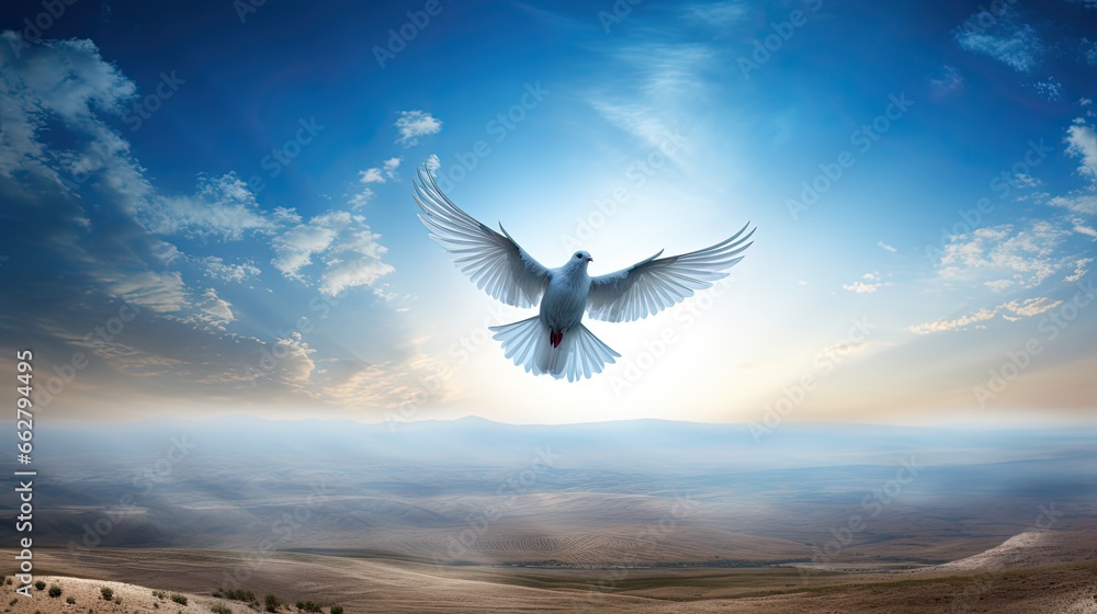 White dove of peace in blue sky over desert land. Generative AI
