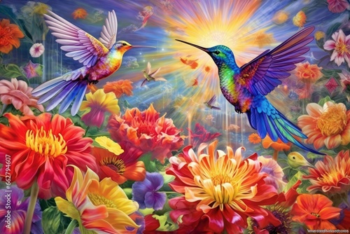 Vibrant hummingbirds amidst blooming flowers - Generative AI © Sidewaypics