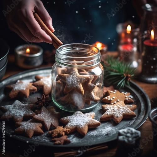 Woman decorating christmas gingerbread cookies on rustic wooden table