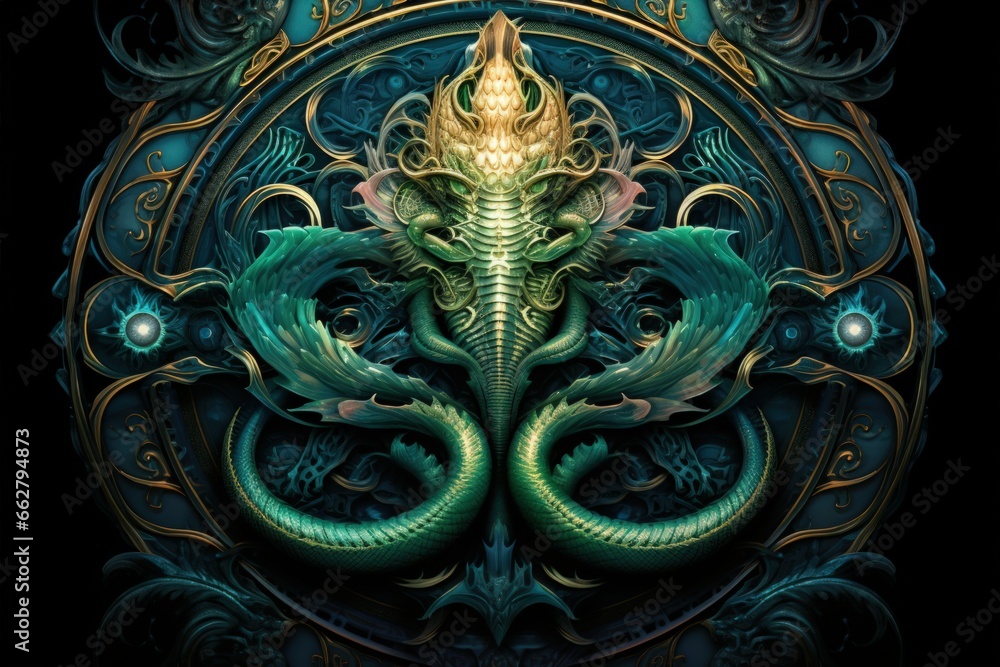 Ancient sea serpents, guardians of hidden treasures beneath the ocean depths - Generative AI