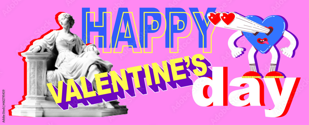 Statue with a halftone effect in a retro collage style with vector graphic elements. Happy Valentine's Day. Banner vector illustration in flat style.