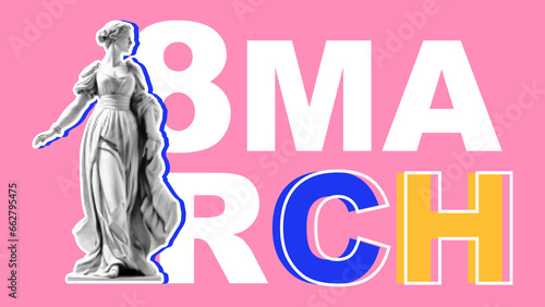 Banner for March 8th in retro collage style. Vector illustration of a woman statue with halftone effect. March 8 concept.