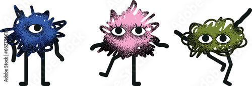 A set of various bright shapes with faces, arms and legs. Various forms.