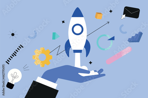 Startup hands concept in the flat cartoon design. The hand that starts a startup is a symbol of the development and implementation of all business ideas. Vector illustration.