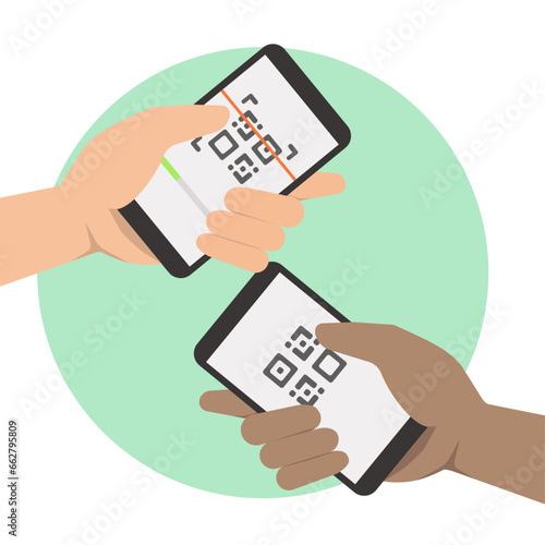 Cashless payment for online shopping. hand with smartphone scans QR code. Vector illustration