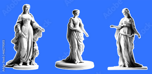 Set of statues of women in retro collage style of the Renaissance. Vector illustration with halftone effect. Set of stickers in vintage style.