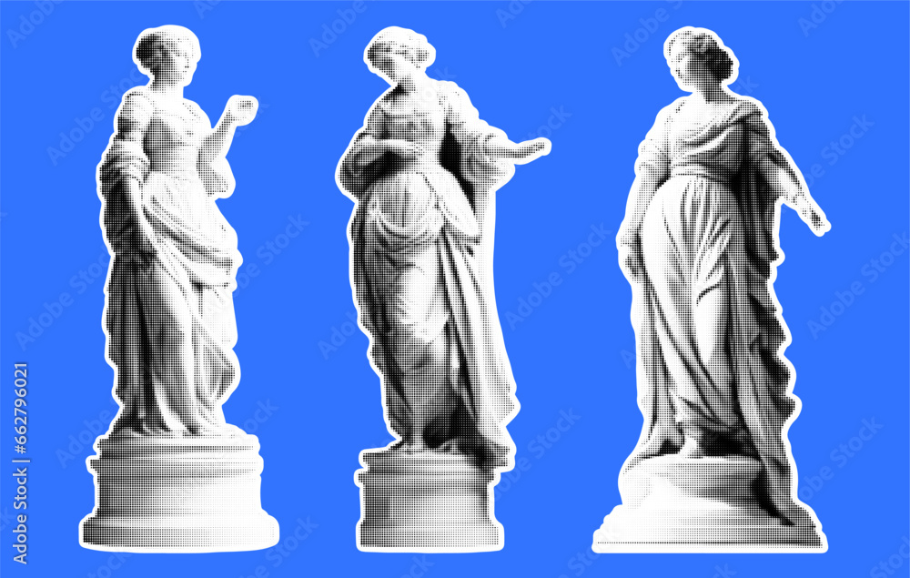 Fototapeta premium Set of statues of women in retro collage style of the Renaissance. Vector illustration with halftone effect. Set of stickers in vintage style.