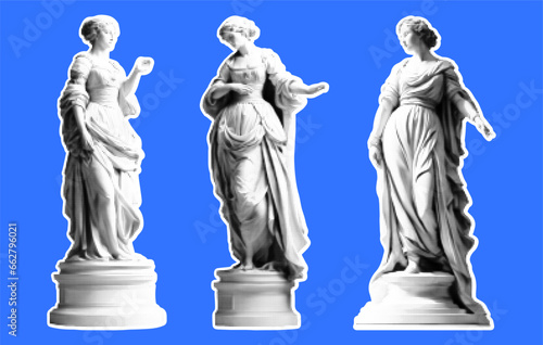 Set of statues of women in retro collage style of the Renaissance. Vector illustration with halftone effect. Set of stickers in vintage style.